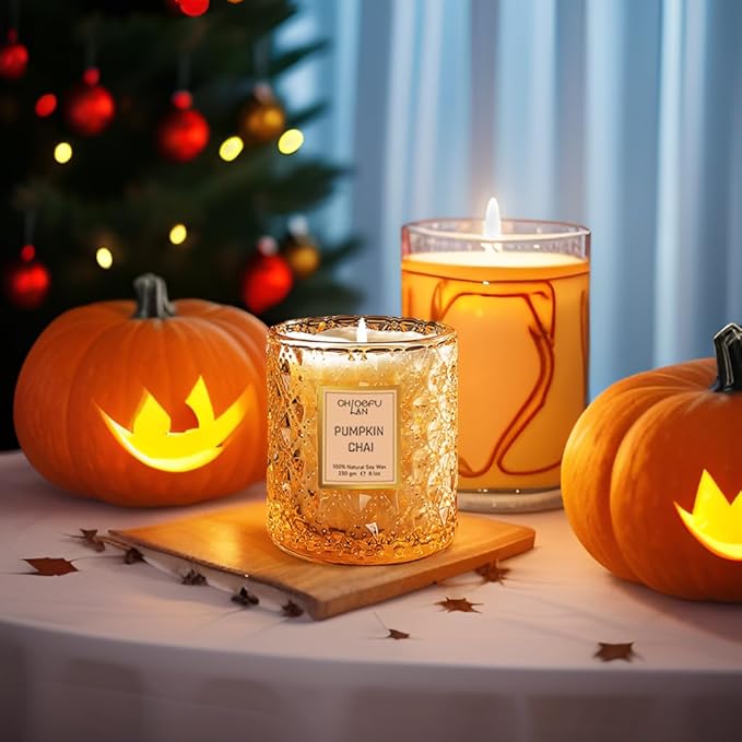 Chloefu LAN Pumpkin Chai Candles Halloween Candle Gift, Farmhouse Candles for Home, Luxury Scented Soy Jar Fall Candle with up to 55 Hour Long Lasting, Home Decor, Barn Fall Decor Pottery, 8.1oz