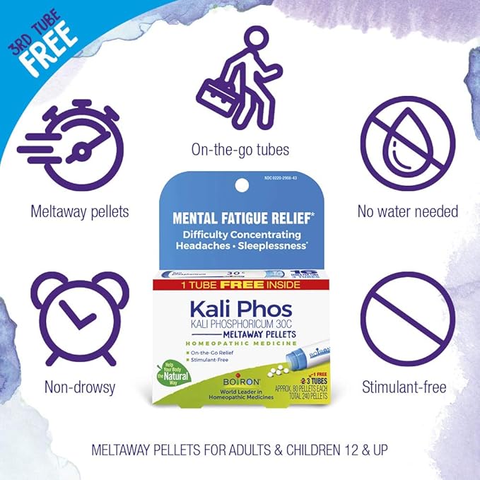 Boiron Kali Phosphoricum 30C Homeopathic Medicine for Headaches, Sleeplessness, Mental Fatigue, and Concentration Difficulties - 3 Count (240 Pellets) (Pack of 2)