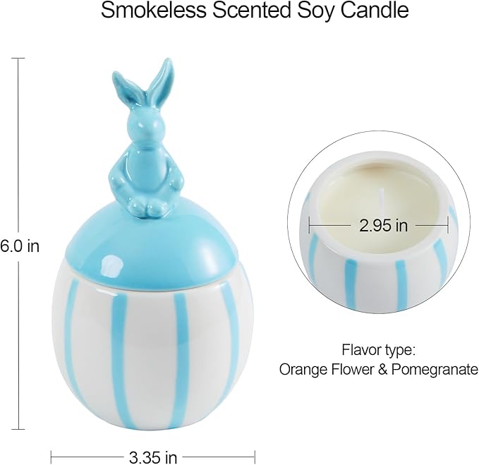 Easter Bunny Candle with Egg Jar and Lid, Easter Decorations Cute Rabbit Aromatherapy, Ceramic Egg Candles for Spring Home Decor, Long Buring Decorative Candle Friends Gifts for Women, Blue