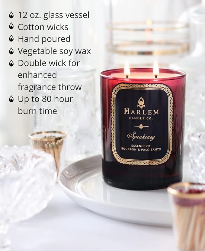 HARLEM CANDLE CO. Speakeasy - Luxury Scented Soy Candle, 11 oz - 80-Hour Burn Time | Palo Santo, Cardamom, Incense, Bourbon, Tobacco and Patchouli | Scented Candles for Home