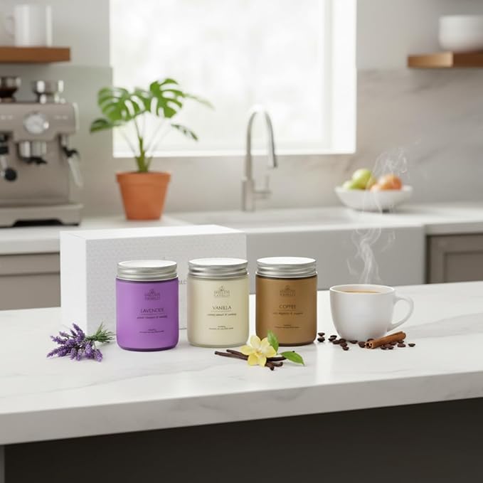 Aromatic Candles Three Pack - 3 x 8 oz Cotton Wick Candles Coloured Fosted Jars - Vanilla, Lavender and Coffee