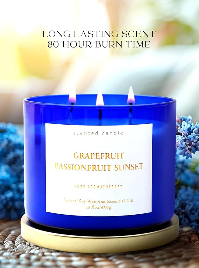 Grapefruit Passionfruit Sunset 3-Wick Scented Soy Candle, 15.8 oz | Large Tropical Citrus Candle for Home | Strong Aromatherapy Stress Relief Candles | Gift for Women & Men | Long-Lasting Clean Burn
