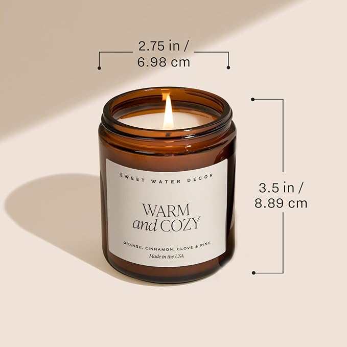 Sweet Water Decor Warm and Cozy Soy Candle - Orange Peel, Cinnamon, Ginger and Clove Scented Candles for Home - 9oz Amber Jar + Black Lid, 40+ Hour Burn Time, Made in The USA