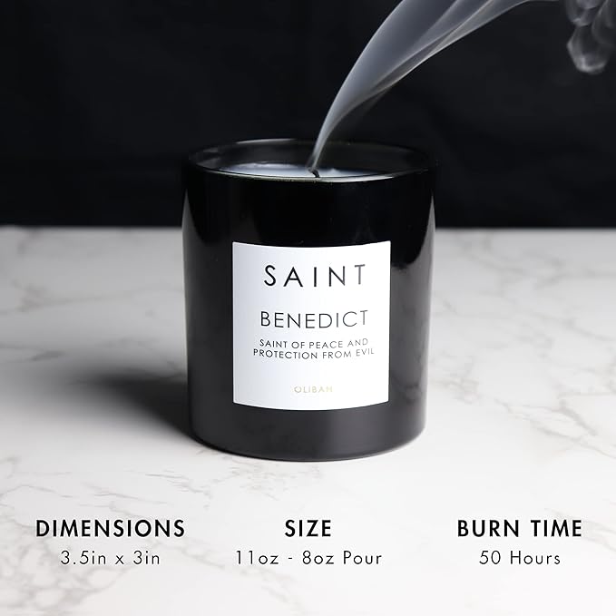 SAINT Benedict Scented Candle with Prayer and Prayer Coin, Saint of Peace and Protection from Evil, Soy Coconut Aromatherapy Candle with 50 Hour Burn Time