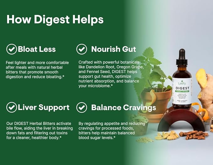 Leefy Organics Digest 2 oz - Herbal Bitters for Digestion and Stomach Relief - Powerful Digestive Aid with Ginger, Dandelion and Gentian - Easy Digestion for Men and Women