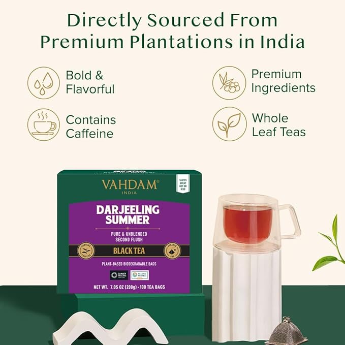 VAHDAM, Darjeeling Black Tea Bags (100 Count) High Caffeine, Non GMO, Gluten Free | Smooth & Sweet Tea With Distinguished Fruity Notes | Full Bodied