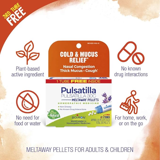 Boiron Pulsatilla 30C Homeopathic Medicine for Relief from Cold, Nasal Congestion, Thick Mucus, and Cough - 3 Count (240 Pellets)