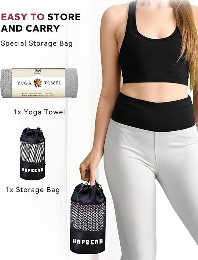 HAPBEAR Hot Yoga Towel - Non Slip Yoga Mat Towel with Grip Dot, Super-Absorbent, Soft Microfiber Towel for Hot Yoga, Pilates and Fitness