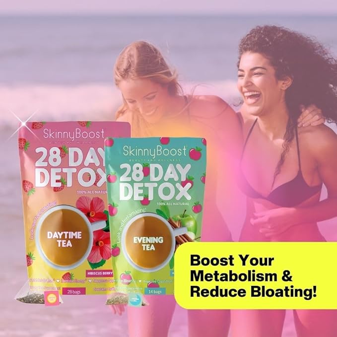Skinny Boost Detox Tea Kit- 2 PACK –1 Daytime HIBISCUS (28 Bags) + 1 Evening APPLE CINNAMON-(14 Bags) – Herbal Detox for Energy, Bloating & Colon Cleanse – Green Tea, Vegan, Keto, Non-GMO, Sugar-Free