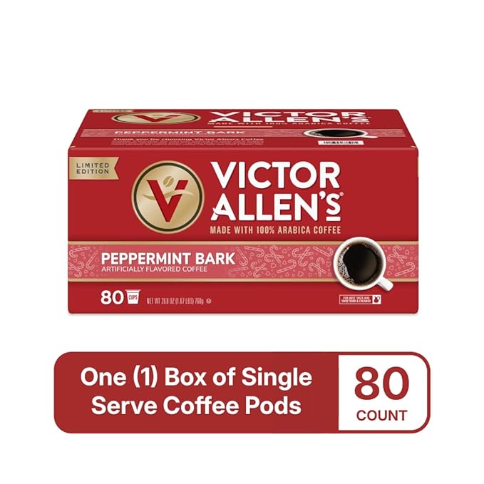 Victor Allen's Coffee Peppermint Bark Flavored, Medium Roast, 80 Count, Single Serve Coffee Pods for Keurig K-Cup Brewers