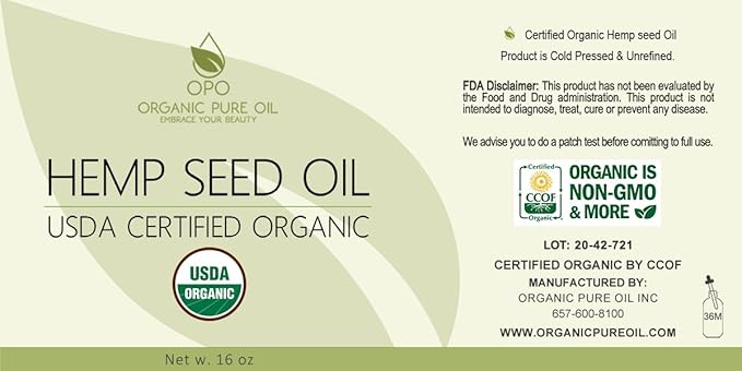 OPO Organic Hemp Seed Oil - 16 oz - USDA Certified Organic - Pure, Cold Pressed, Non-GMO, Extra Virgin, Vegan, Bulk Carrier Oil, Omega 3,6,9, Tinctures DIY Essential Oils Formulations Soap