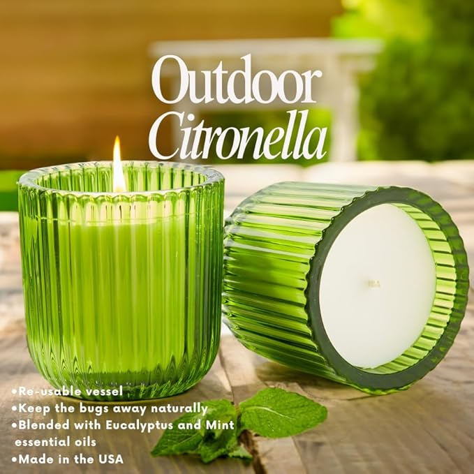 Eucalyptus Mint Outdoor Citronella Candle in Green Glass. 8oz. Burn time 50+ Hours. Made in The USA