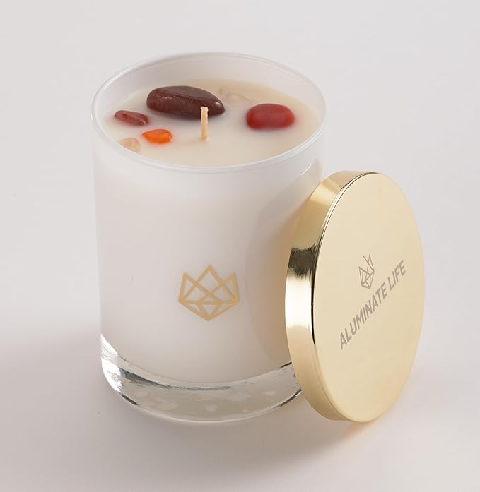 Luxury Glass Jar Seasonal Candle, 14 OZ, Spark - Red Aventurine Crystal Infused - Holiday Scents of Orange Peel, Smoky Undertones, & White Cedar - Coconut Wax, Essential Oils