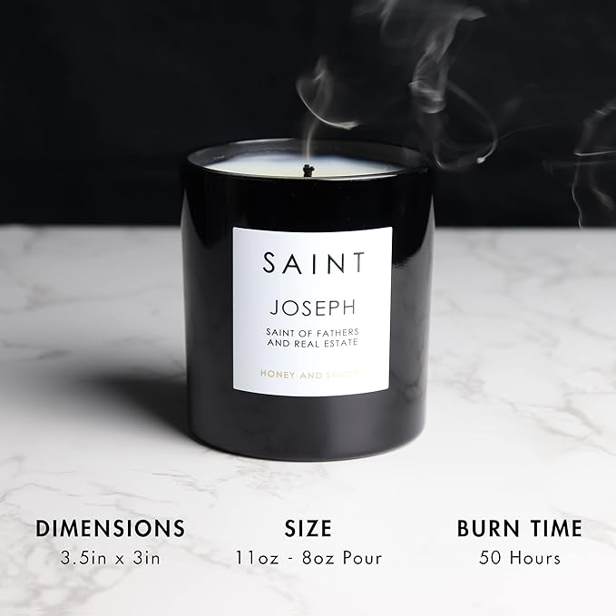 SAINT Joseph Scented Candle with Prayer and Prayer Coin, Saint of Fathers and Real Estate, Soy Coconut Aromatherapy Candle with 50 Hour Burn Time