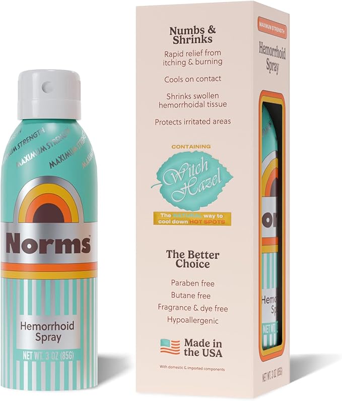 Norms Cooling Hemorrhoid Spray, Maximum Strength Touch-Free Relief with Phenylephrine, Witch Hazel, Aloe, Shrinks Swelling, Calms Itching, Soothes on Contact, 3oz Spray