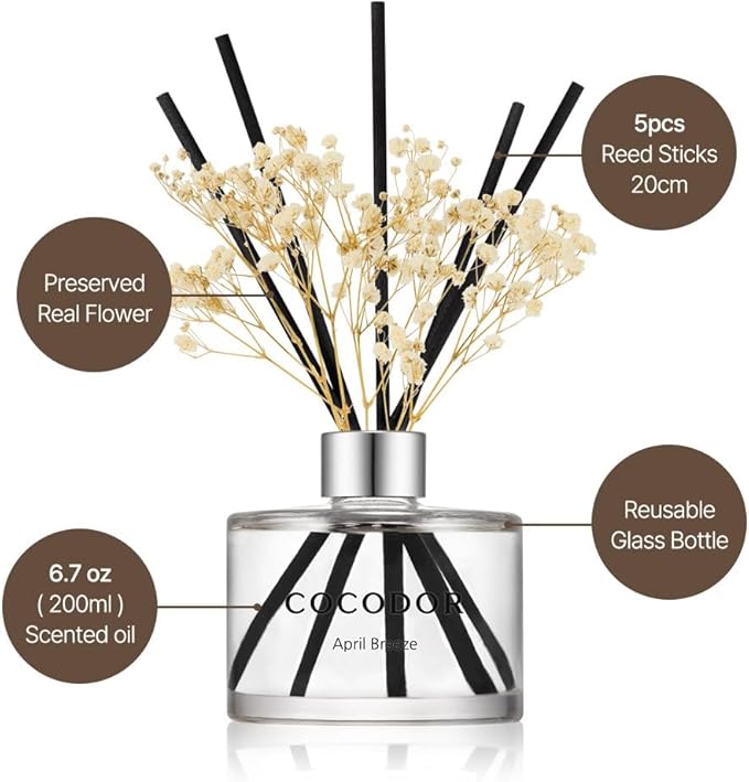 COCODOR Flower Reed Diffuser Set / 6.7oz / Clean Linen/Scent Diffuser with Sticks Home Fragrance Reed Diffuser for Bathroom Shelf Decor