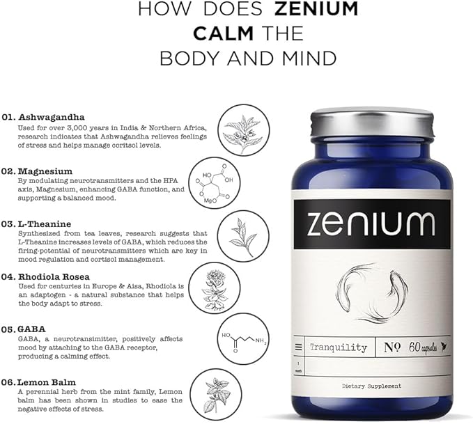 Zenium - Relieve Stress, Tension, Worry, Nervousness, & Irritability | Calm The Mind & Body | Ayurvedic | Natural Relief Supplement | Boosts Mood | Ashwagandha, L-Theanine, GABA, Rhodiola |60 Capsules