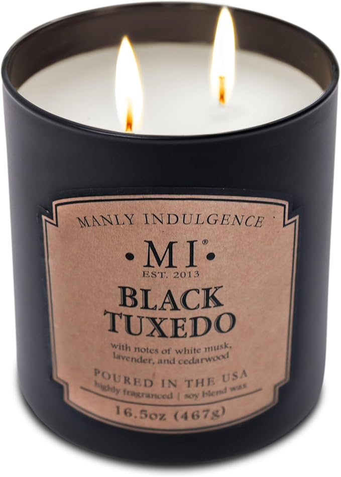 Manly Indulgence Black Tuxedo Candles for Men, 2 Wick, 16.5 oz, Premium Soy Blend Wax, 60H Burn, Candles for Home Scented - Made in The USA