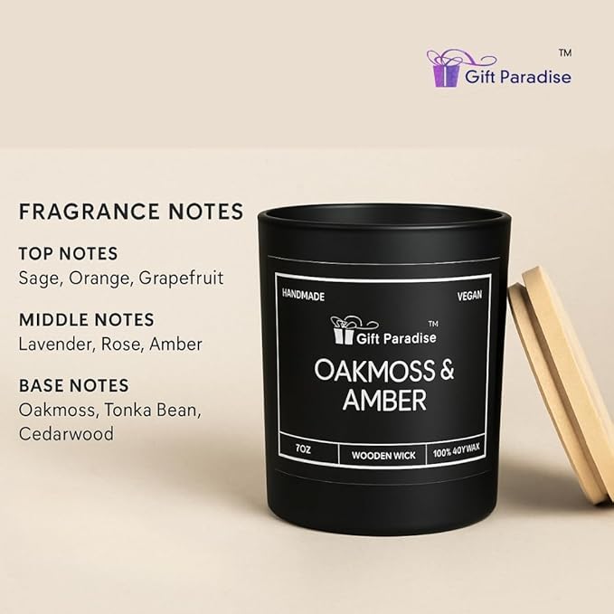 Oakmoss & Amber Gift Paradise 7 oz Soy Wax Candle with Wood Wick and Premium Wooden Gift Box – Handcrafted Vegan Candle, Non-Toxic, Long Burn, Earthy & Warm Aromatherapy Candle for Home & Gifting