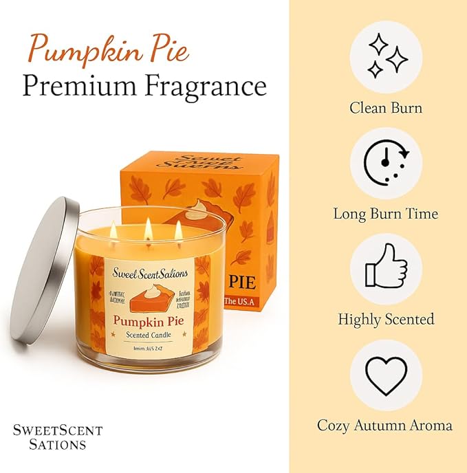 Pumpkin Pie Candle – Fall Fragrance with Pumpkin Spice Candle, Vanilla & Cinnamon | Strong Scented Candle for Home | Long Burning Autumn Fragrance for Fall Decor & Gifts