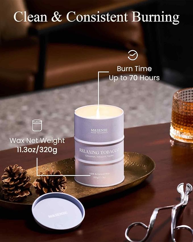 M&SENSE Tobacco Scented Candles Natural Non Toxic, Aromatherapy Candle for Stress Relief Meditation Relaxing, Housewarming Gifts for Women Men, 11.3oz 70 Hour Long Burning