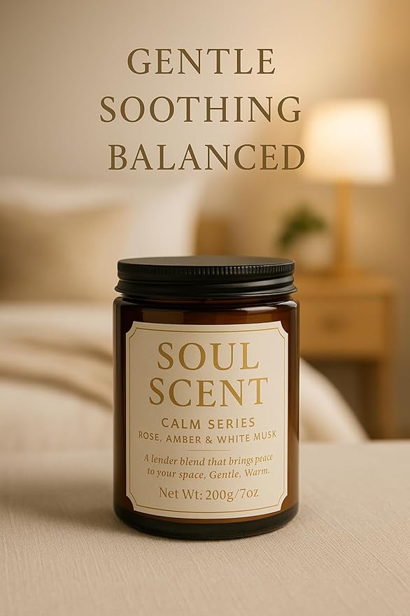 Soul Scent Calm Aromatherapy Candle – Rose, Amber & Musk | Natural Soy Wax, Clean Burn | Minimalist Jar with Silver Lid | Eco Gift for Home & Office