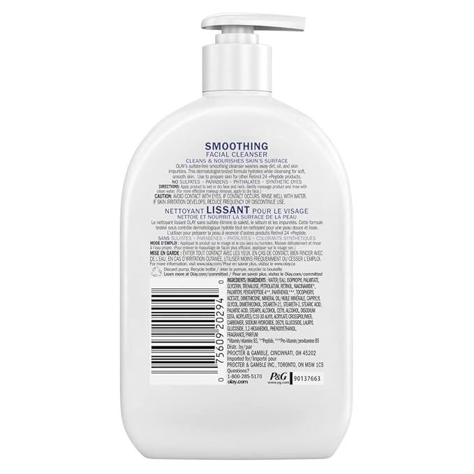 Olay Face Wash, Daily Facial Cleanser with Retinol, Peptides & Glycerin - Smoothing, Noursihes Skin Surface, Hydrates while Cleansing - Sulfate-Free, Paraben-Free, 16 Oz, (Pack of 2)