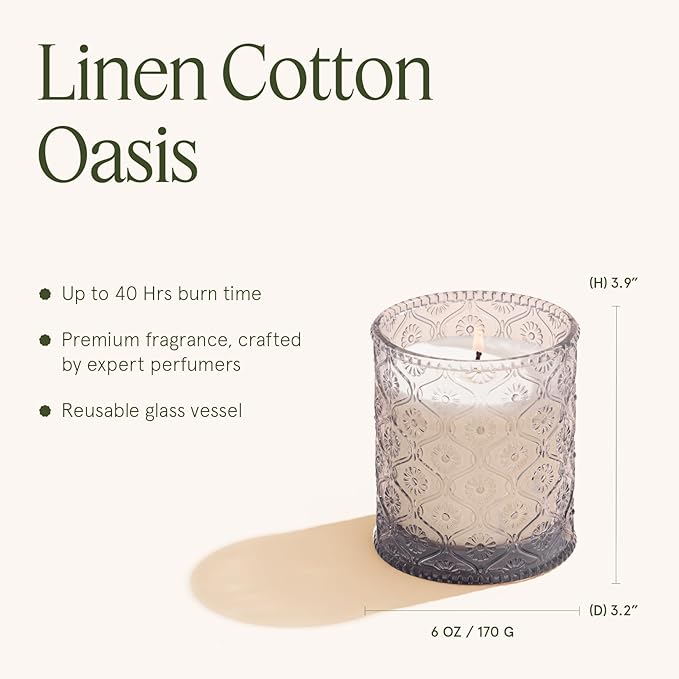 LA JOLIE MUSE Linen Cotton Oasis Scented Candle - Cotton, Jasmine & Warm Musk | 6 oz Natural Soy Wax | 40 Hours Clean Burn | Gift-Ready for Hosts, Gatherings | Elegant Home Décor