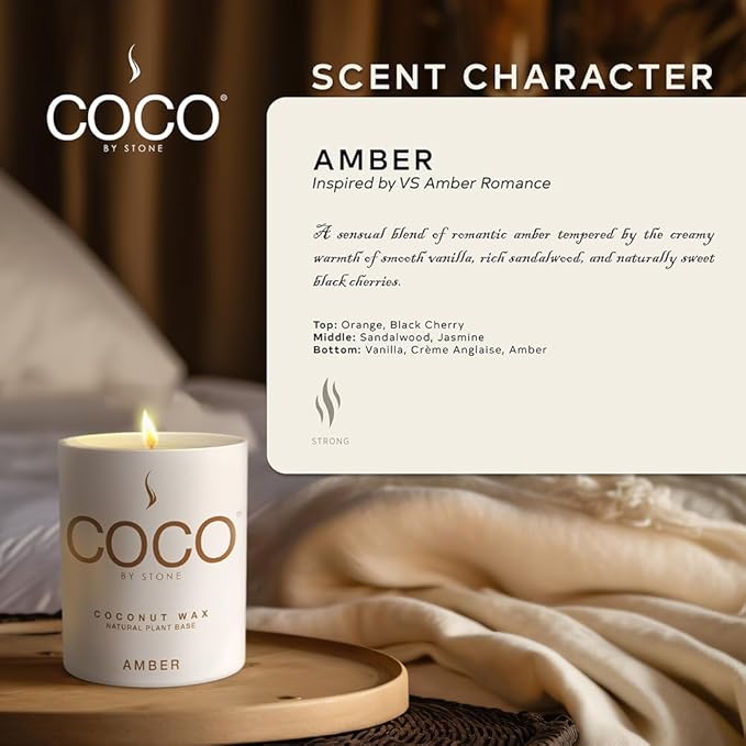 COCO by Stone 6.5oz Candle, Coconut Apricot Wax Candle for Home (Amber) Home Fragrance Products, 1 Wick Candle, Enhance Indoor Aroma, Vegan & Cruelty-Free, Clean Burning and Hand Poured Candle
