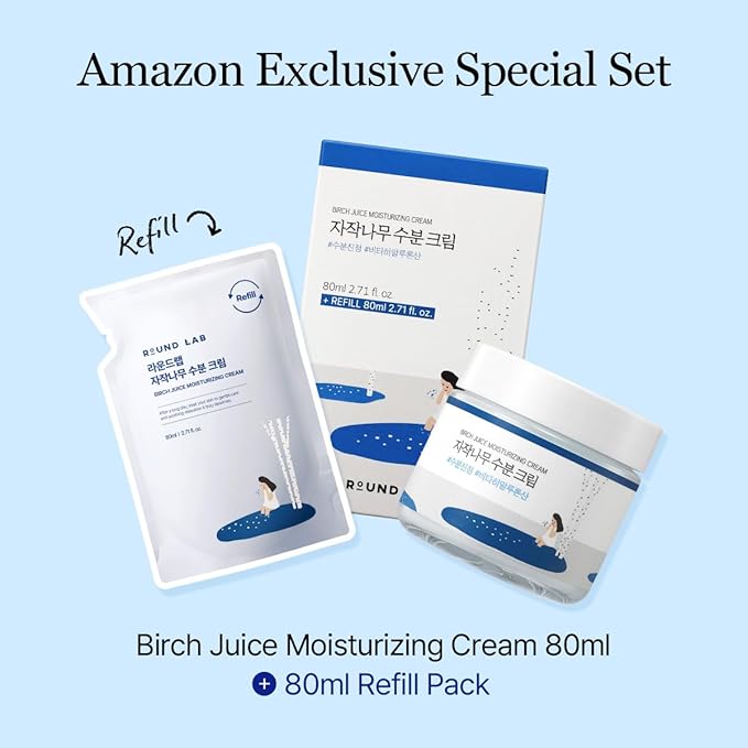 ROUND LAB Birch Juice Moisturizing Cream 2.7 Fl Oz 1+1 Refill Included Set, 48-Hour Hydrating Face Moisturizer with Vita Hyaluronic Acid, Gentle on Acne-Prone and Sensitive Skin, Korean Skin Care