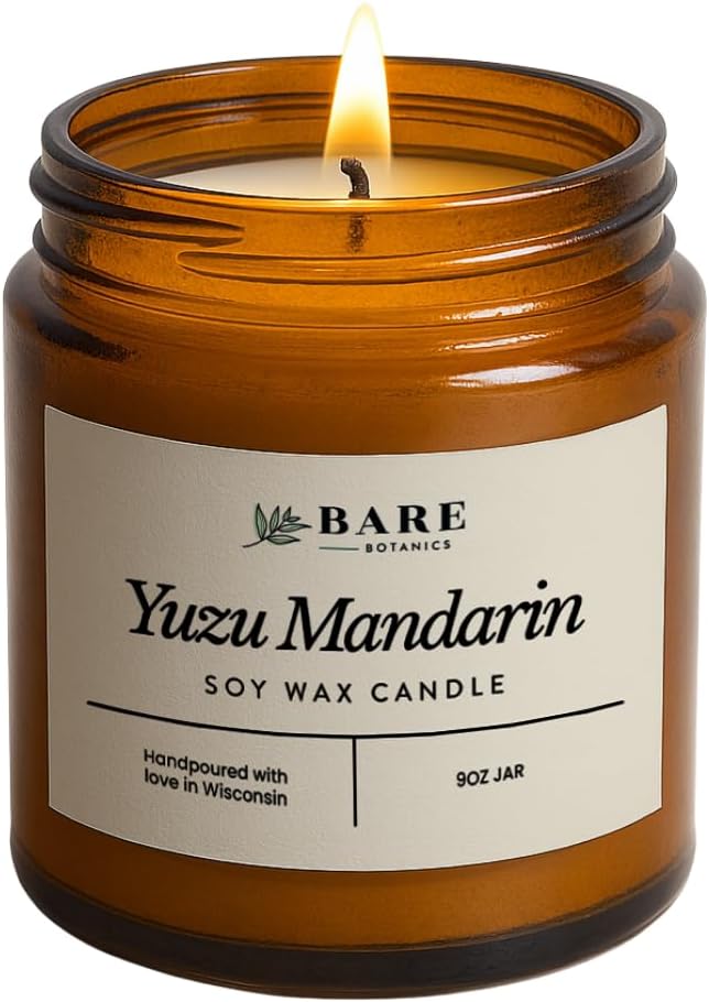 Bare Botanics Yuzu Mandarin 9oz Soy Candle - 100% Plant-Based Fragrance Oils - Premium, Non-Toxic Candle - Softly Scented Natural Soy Wax - Handpoured in WI - 40 Hrs Long Burning & Ready to Gift