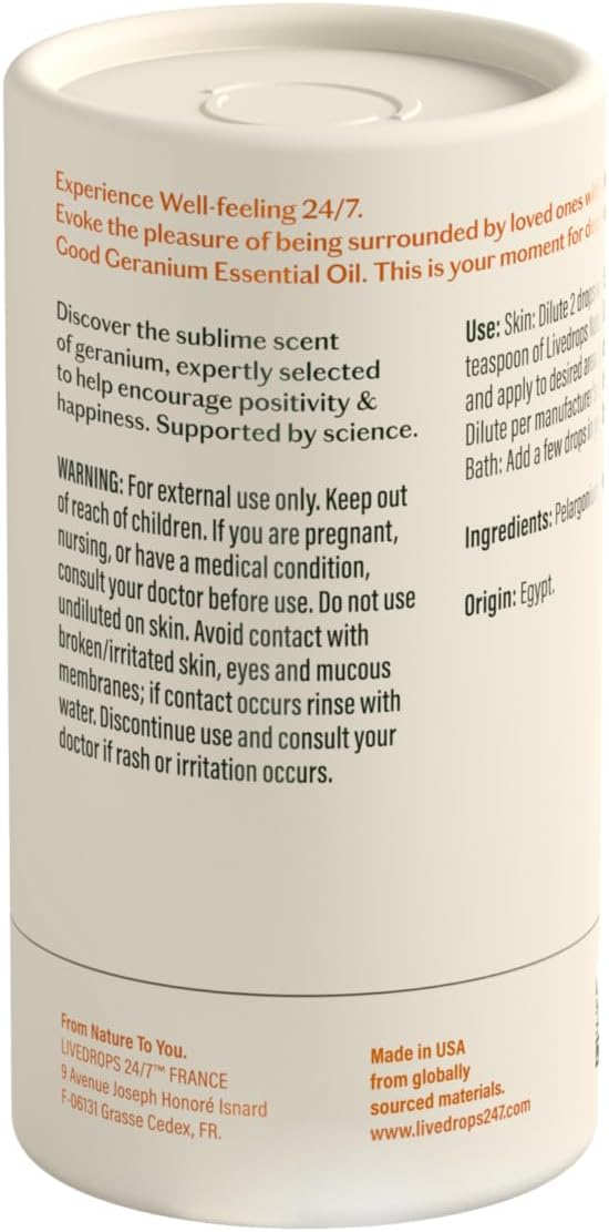 LIVEDROPS 24/7 Good Geranium Essential Oil, Natural Vegan Aromatherapy for Diffuser or Diluted Skin Use, Rosy Floral Scent, Origin Egypt, Made in USA, Clinically Tested, 10ml