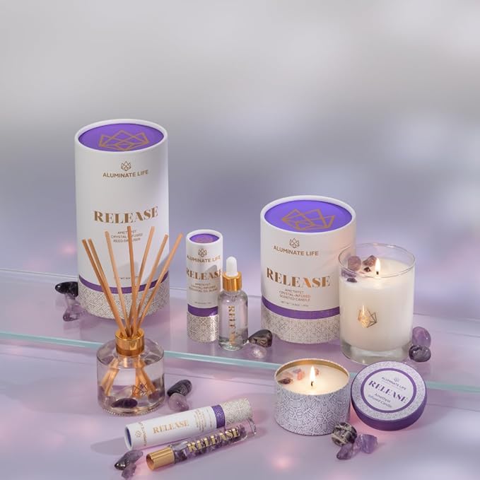 Luxury Candle Tin, 6 OZ, Release - Amethyst Healing Crystal Infused - Scents of Lavender, Bergamot, & Frankincense - Relieve, Support, & Transform - Coconut Wax, Essential Oils