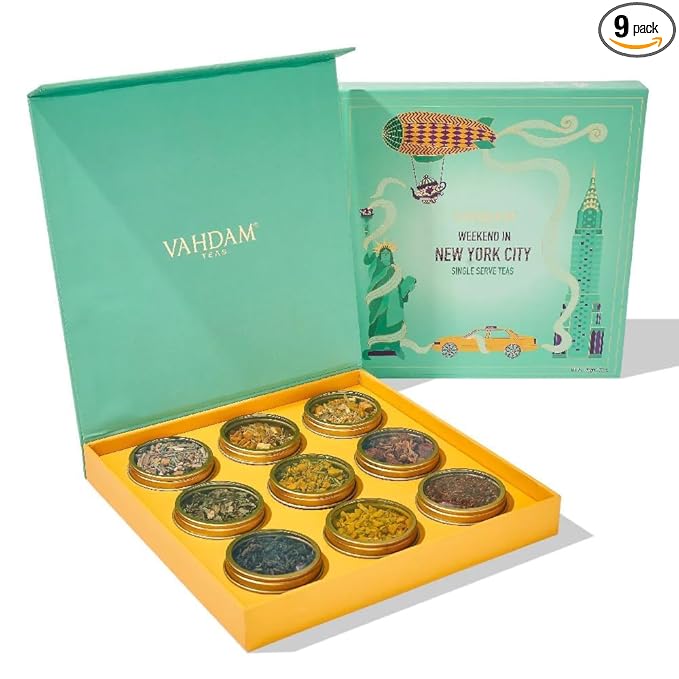 VAHDAM, Weekend In New York Tea Gift Set Travel Edition Gift Box | 9 Varieties - Green, Herbal & Black Tea | Gluten Free, Non GMO | Gifts for Women & Men,