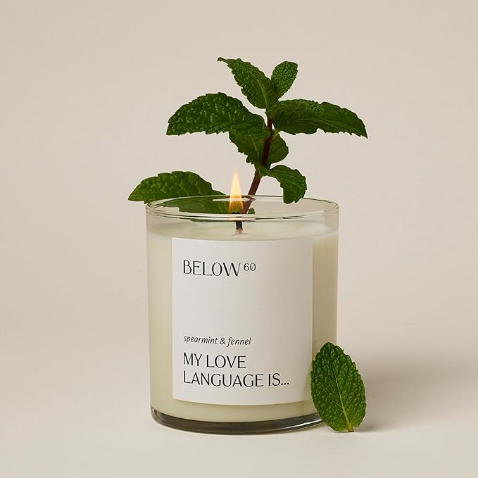 Hilary Duff’s Below 60 Scented Candle | My Love Language is… | Essential Oil-Based Fragrance | Hand-Made with Paraffin-Free Soy Wax | 100% Cotton Wick | 50 hr Burn Time | Spearmint & Fennel (10oz)