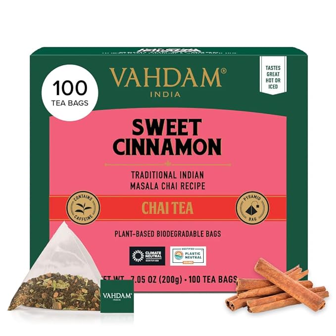 VAHDAM, Sweet Cinnamon Tea | 100 Tea Bags | 100% Natural Spices | Cinnamon Masala Chai Tea Recipe | Spiced Chai Tea Bag | Brew as Hot or Iced