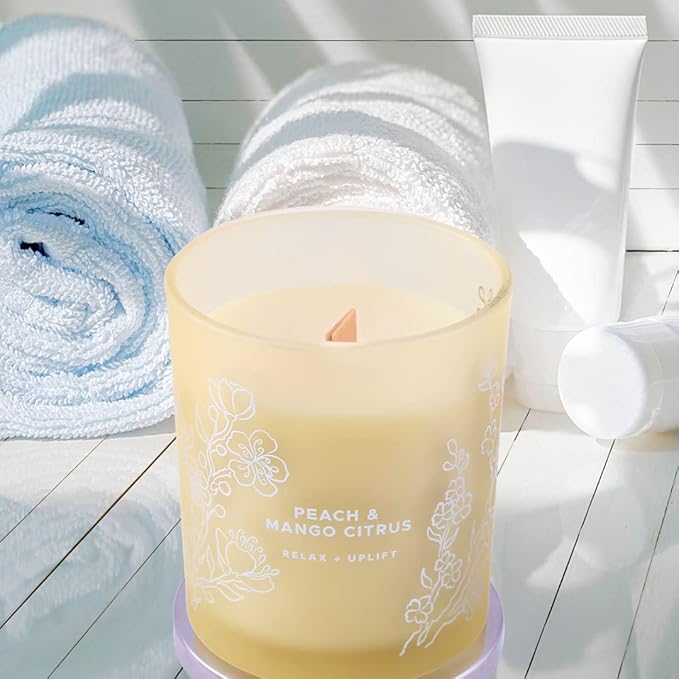 Peach Mango Citrus Scented Candle - Large Wood Wick Soy Candle 10.6 oz - Relaxing Aromatherapy Candle for Home - Highly Scented, Long-Lasting, Clean Burn, Strong Throw