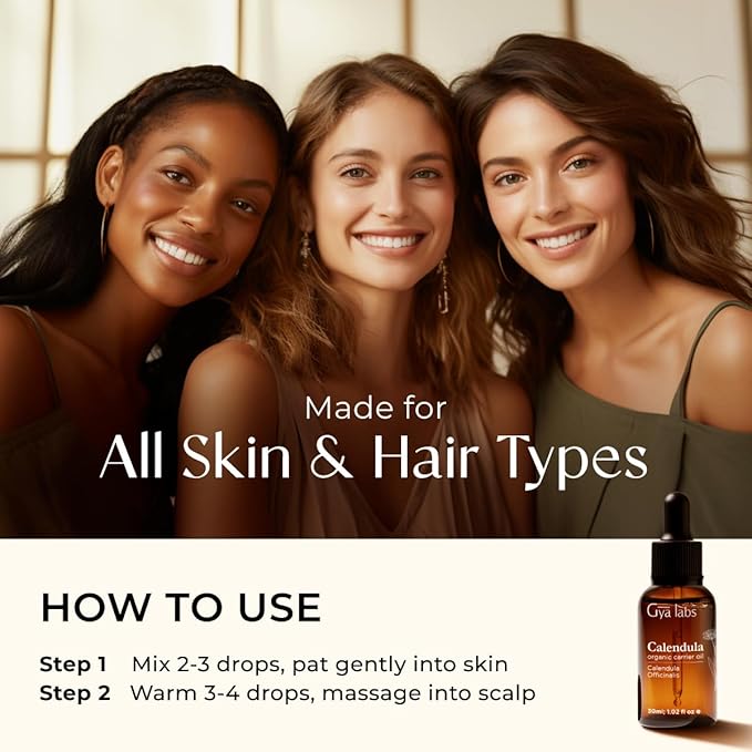 Gya Labs Calendula Oil - 1 Fl Oz - Carrier Oil for Hair, Skin, Face, Scalp & Body Massage