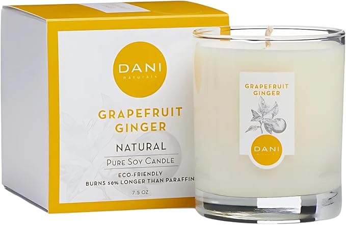 DANI Naturals Soy Candle - Grapefruit Ginger Scented, 100% Pure Soy Wax, Kosher, Non-Toxic, Long-Lasting Burn - 7.5 oz