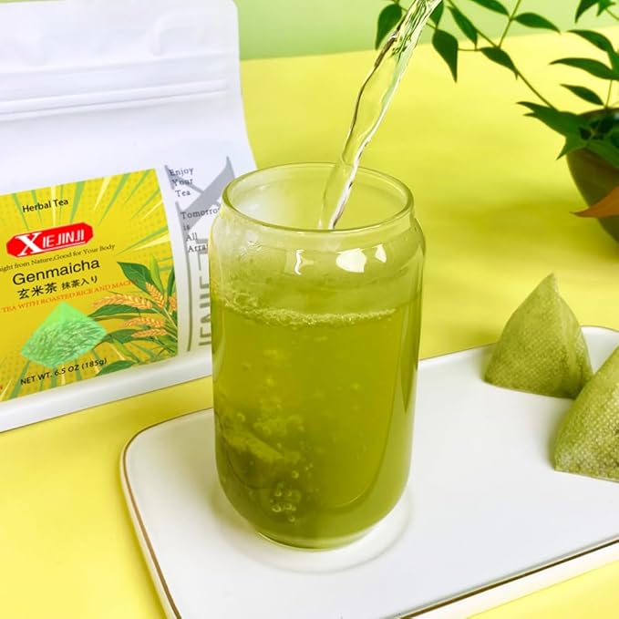 XIEJINJI Genmaicha, Green Tea with Matcha - 3.7g x 50 Count, Japanese-style Roasted Brown Rice Tea, Low Caffeine, Eco-Conscious Tea Bags