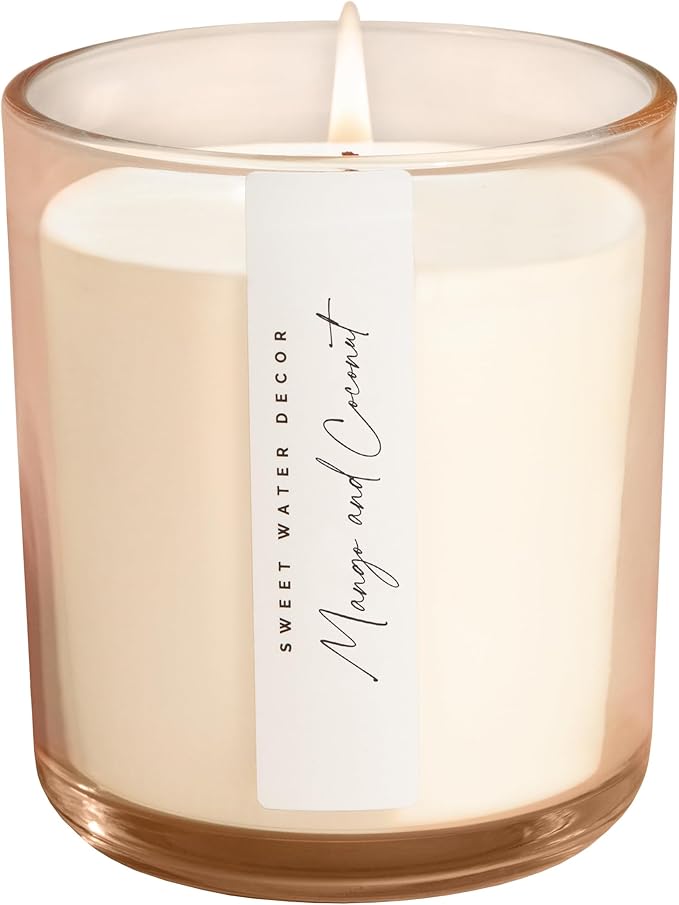 Sweet Water Decor Mango and Coconut Scented Soy Candles – Pineapple, Mango, Orange, Peach, Coconut Milk, Sugar – Fresh Tropical Aroma – 50 Hour Burn – 12oz Tinted Glass Jar for Home Decor