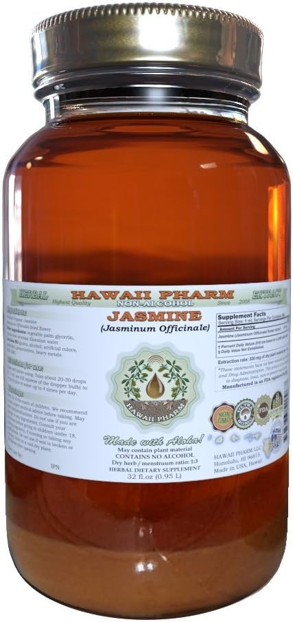Jasmine Alcohol-Free Liquid Extract, Organic Jasmine (Jasminum officinale) Dried Flower Glycerite Hawaii Pharm Natural Herbal Supplement 32 oz Unfiltered