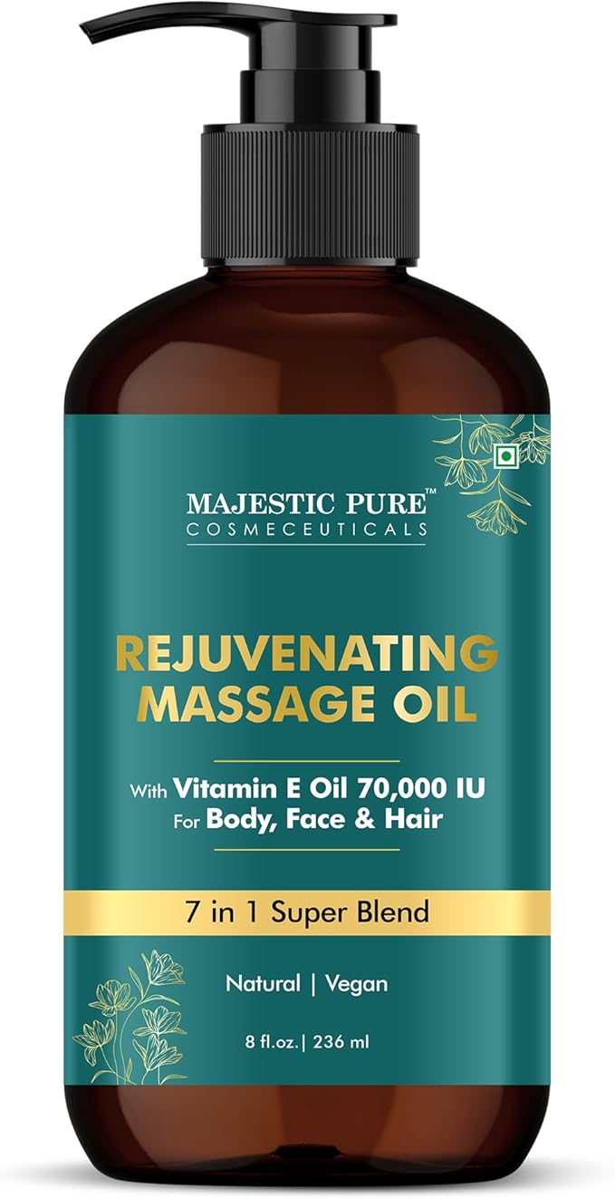 MAJESTIC PURE Vitamin E 70k Blend Massage Oil for Massage Therapy- Refreshing and Relaxing- Natural Oils with Almond, Jojoba, Argan & Avocado for All Skin Types- Men and Women Massage Lotion- 8 fl oz