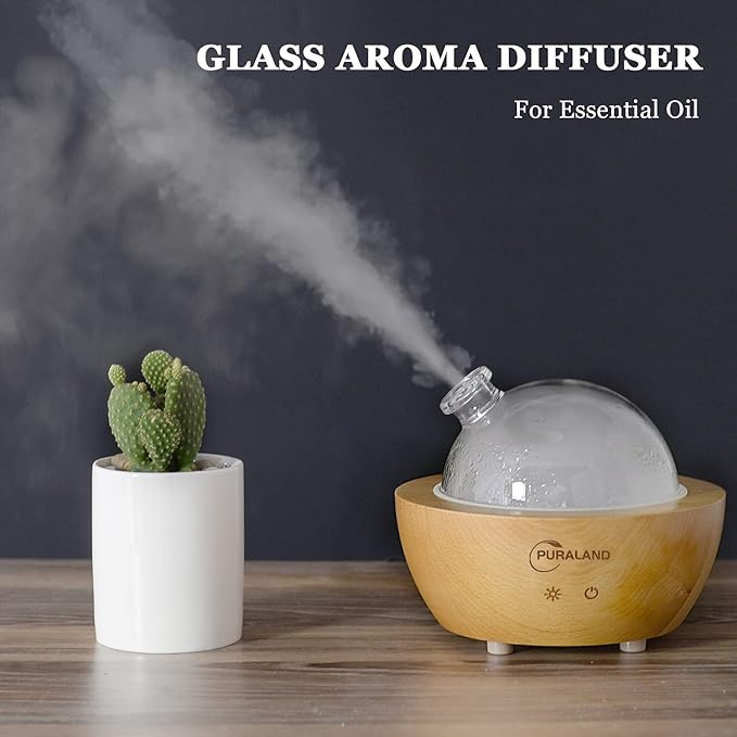 2025 Upgraded Remote Handmade Glass & Real Wood Essential Oil Diffuser, Aromatherapy Diffuser, 200ml Aroma Humidifier, Cool Mist with 7 LED Colors, Waterless Auto Shut-Off for Home Office Bedroom Gift