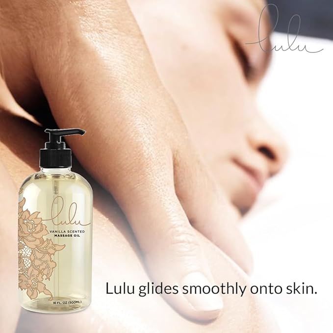 Lulu Vanilla Massage Oil with Fractionated Coconut & Cocoa Butter, Deeply Nourishing Non-Greasy Body Oil for Smooth Skin & Relaxation, for Date Night, Couples Massage & Massage Therapy, 16 fl oz Pump