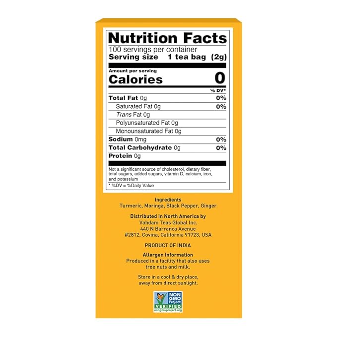 VAHDAM, Turmeric Moringa Tea Bags (100 Herbal Tea Bags) Caffeine Free, Non GMO | 100% Pure Herbal Blend - Sweet & Earthy | Resealable Ziplock Pouch