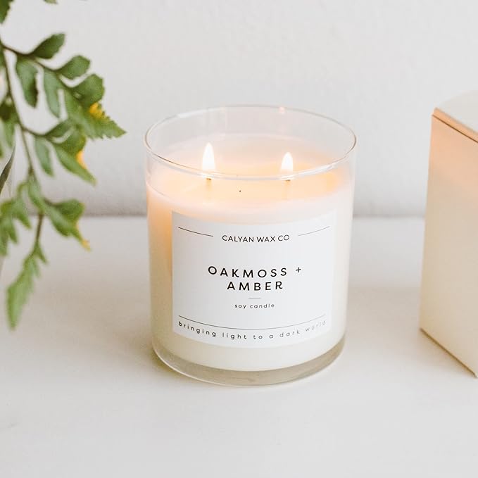 Calyan Wax Co. Oakmoss & Amber 2 Wick Scented Candle - 37 Hour Burn - Luxury Non Toxic Soy Wax Candles - Long Lasting Large Glass Jar Candle for Home - 8.8oz