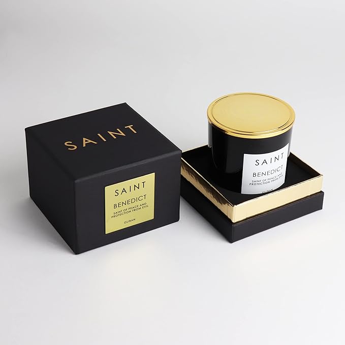 SAINT Benedict Scented Candle with Prayer and Prayer Coin, Saint of Peace and Protection from Evil, Soy Coconut Aromatherapy Candle with 50 Hour Burn Time