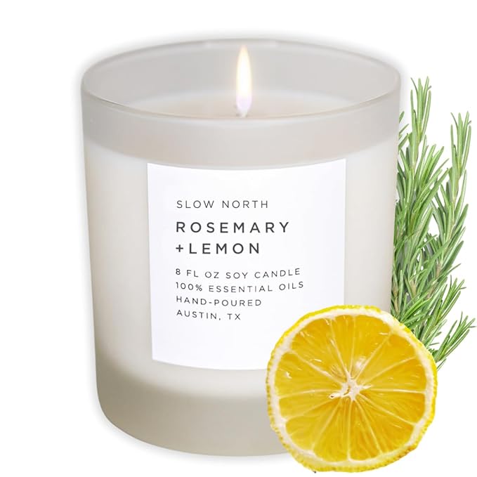 Slow North Rosemary + Lemon Candle - Essential Oils and Pure Soy Wax Candle in a Reusable Frosted Glass Jar - A Unique Scented Candle Hand-Poured in The USA (8 oz)