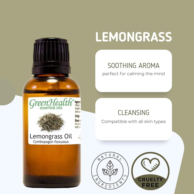 GreenHealth Lemongrass - 8 fl oz (237 ml) Glass Bottle with Cap - 100% Pure Essential Oil